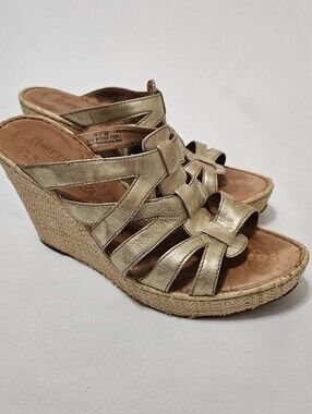 Born Sandals Womens 10 Strappy Casual Slip On Wedge Slide Gold Leather